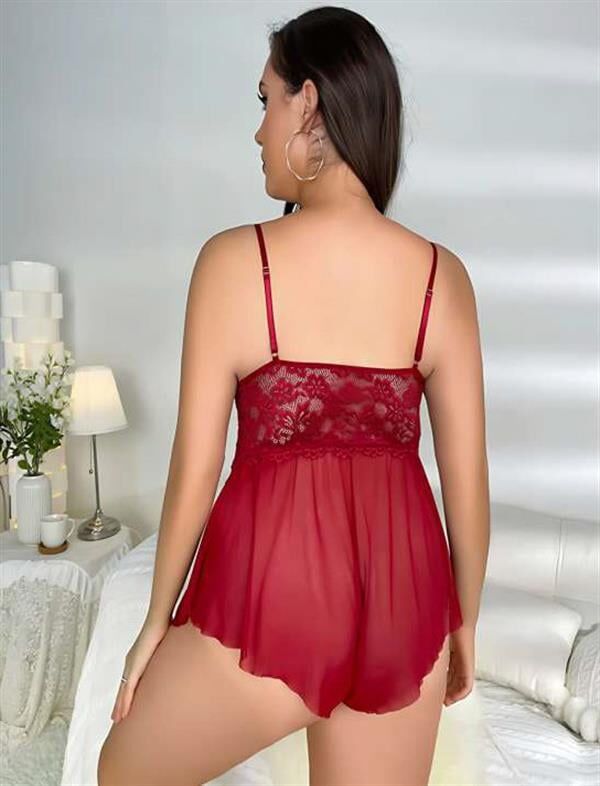 Arias Closet Büyük Beden Bordo Dantel İşlemeli Fırfırlı Fantezi Babydoll