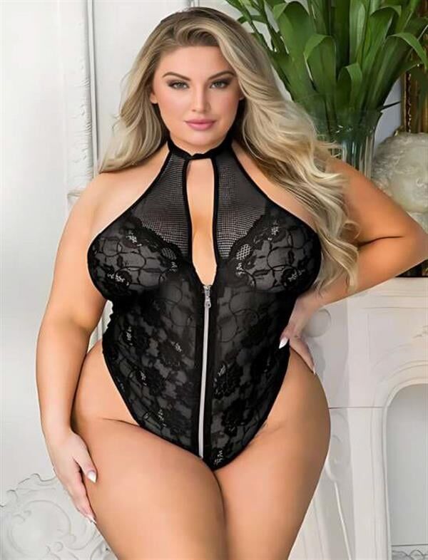 Arias Closet Büyük Beden Siyah Dantel İşlemeli Fermuarlı Fantezi Babydoll