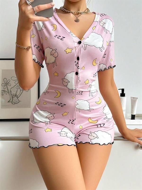Arias Closet Pamuklu Pembe Kuzu Desenli Düğmeli Uzun Kol Tulum Pijama