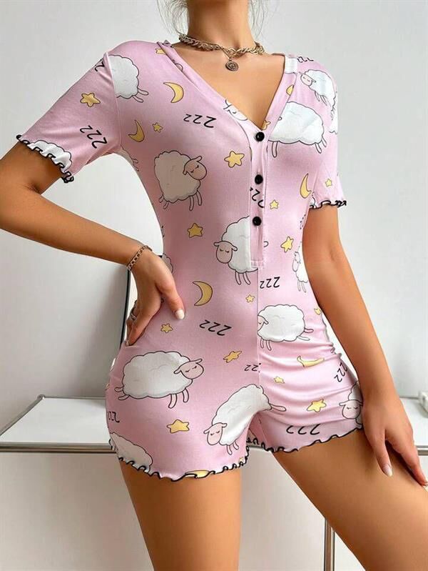 Arias Closet Pamuklu Pembe Kuzu Desenli Düğmeli Uzun Kol Tulum Pijama