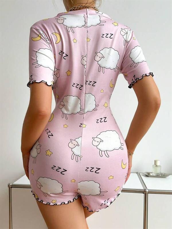 Arias Closet Pamuklu Pembe Kuzu Desenli Düğmeli Uzun Kol Tulum Pijama