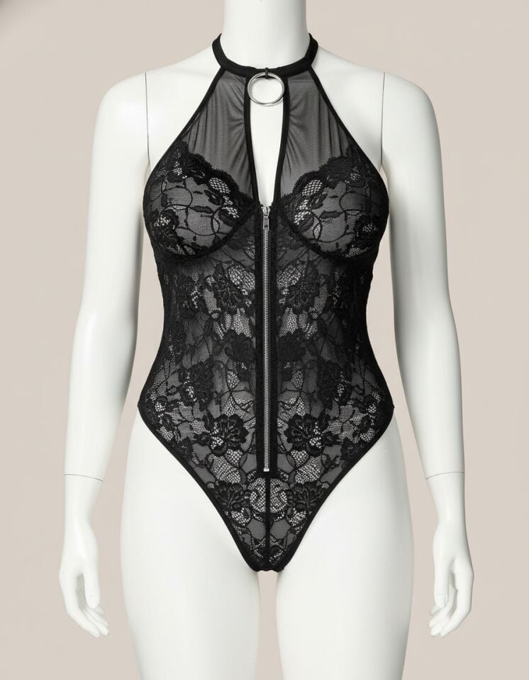 Arias Closet Büyük Beden Siyah Dantel İşlemeli Fermuarlı Fantezi Babydoll