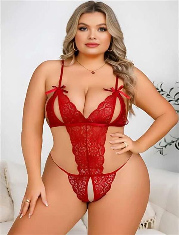 Arias Closet Büyük Beden Kırmızı Dantel İşlemeli Dekolteli Fantezi Babydoll