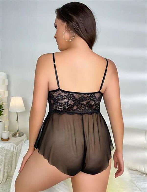 Arias Closet Büyük Beden Siyah Dantel İşlemeli Fırfırlı Fantezi Babydoll