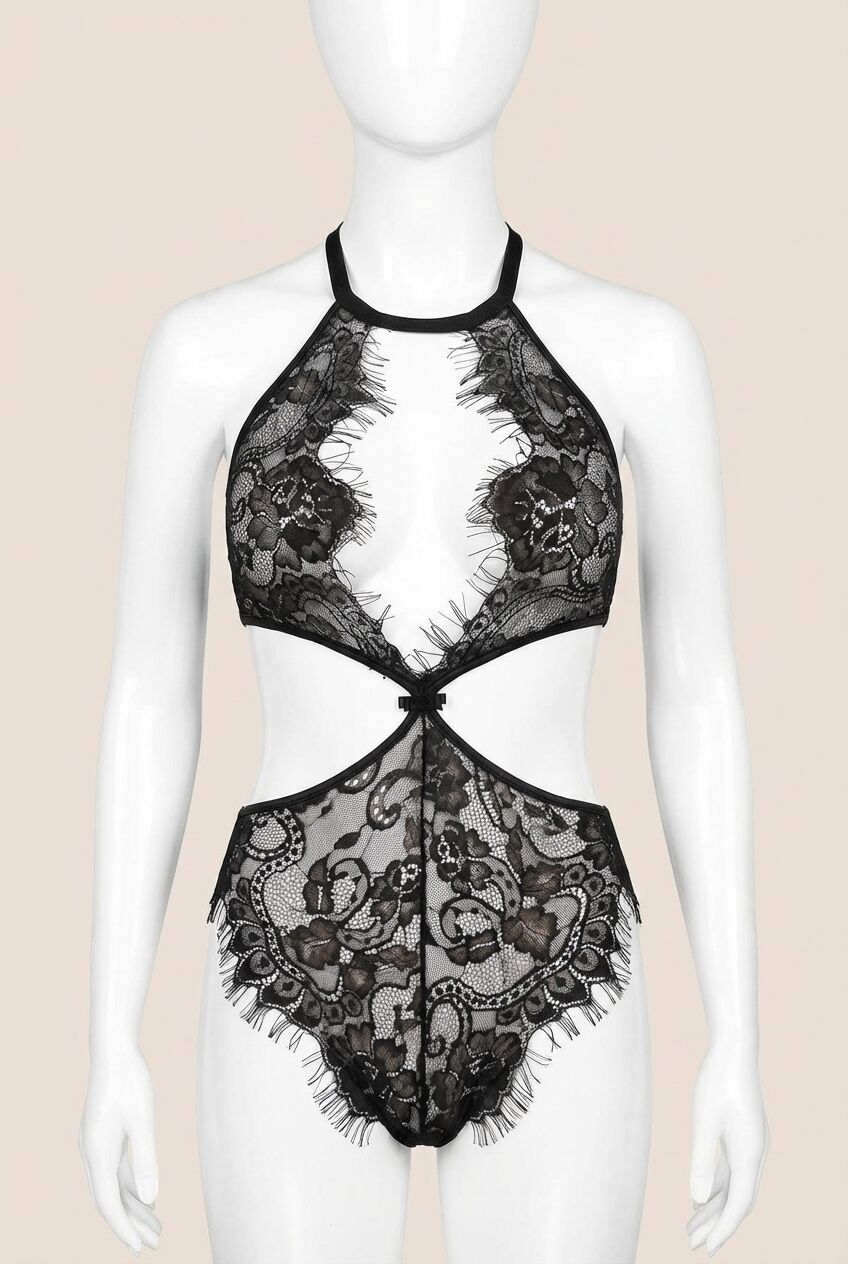 Siyah Dantel İşlemeli Boyundan Bağlamalı Fantezi Mayokini