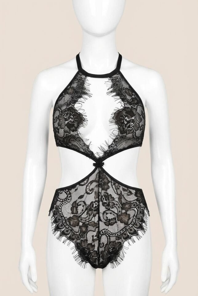 Siyah Dantel İşlemeli Boyundan Bağlamalı Fantezi Mayokini