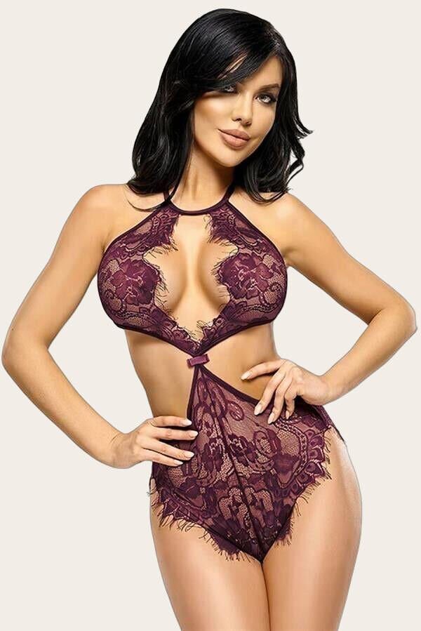 Mor Dantel İşlemeli Boyundan Bağlamalı Fantezi Mayokini