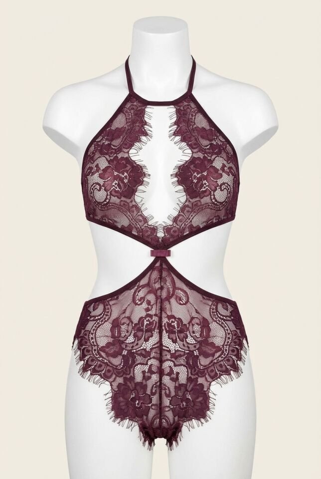 Mor Dantel İşlemeli Boyundan Bağlamalı Fantezi Mayokini