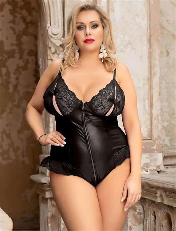 Arias Closet Büyük Beden Siyah Parlak Dantel İşlemeli Fermuarlı Fantezi Babydoll