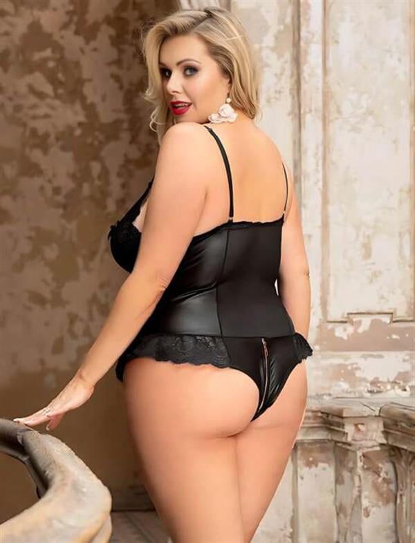Arias Closet Büyük Beden Siyah Parlak Dantel İşlemeli Fermuarlı Fantezi Babydoll